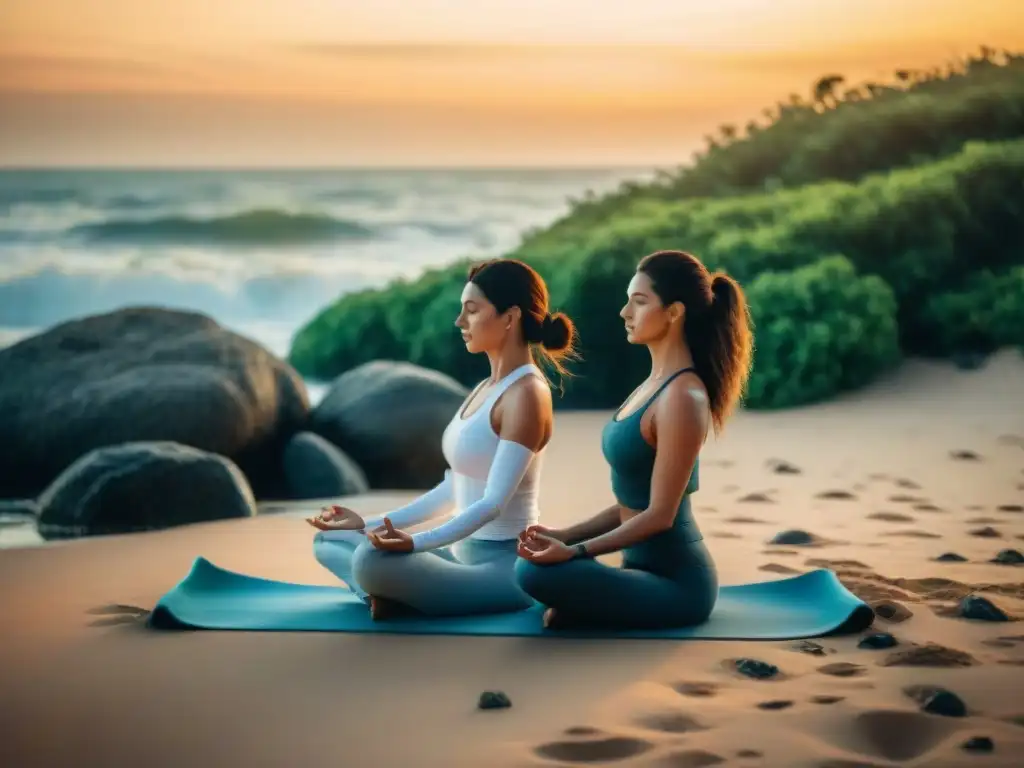 Una pareja en armonía practica yoga al atardecer en una playa de Uruguay, rodeada de naturaleza exuberante y sonidos tranquilos del mar