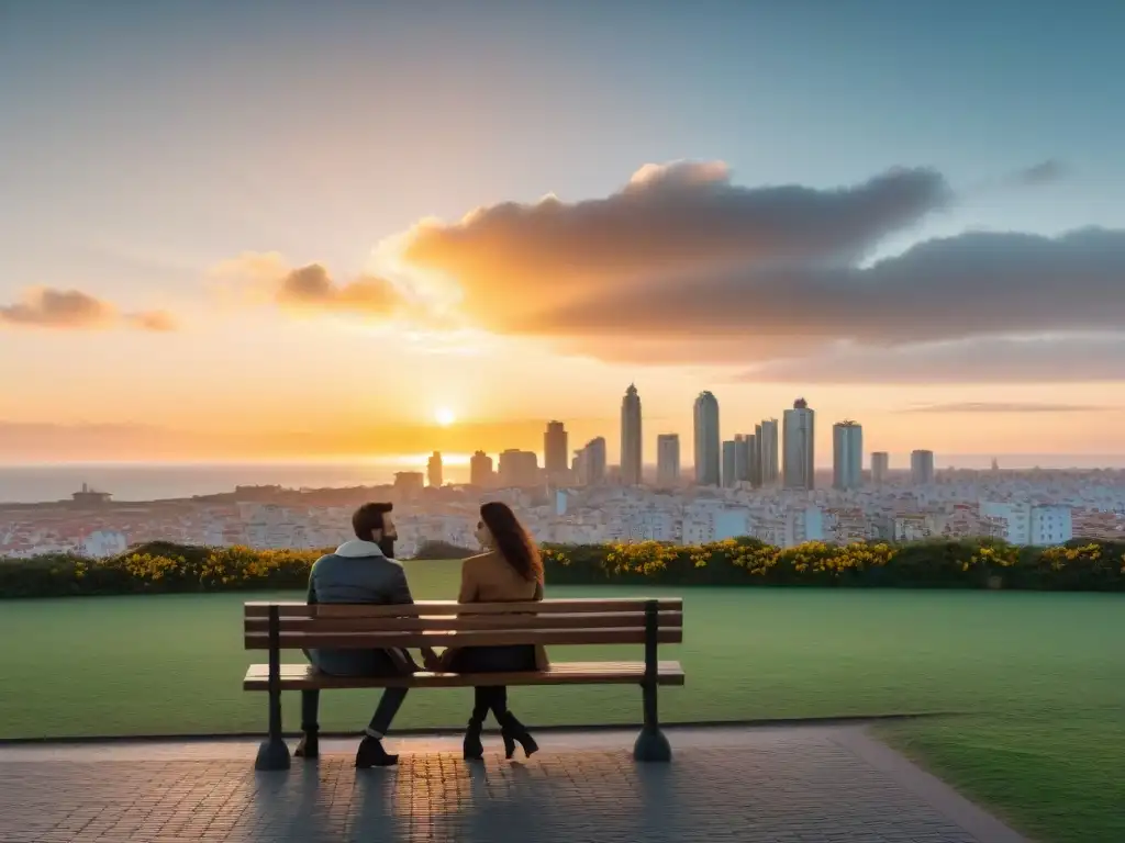 Pareja en banco de parque en Montevideo, Uruguay, disfrutando el atardecer con amor