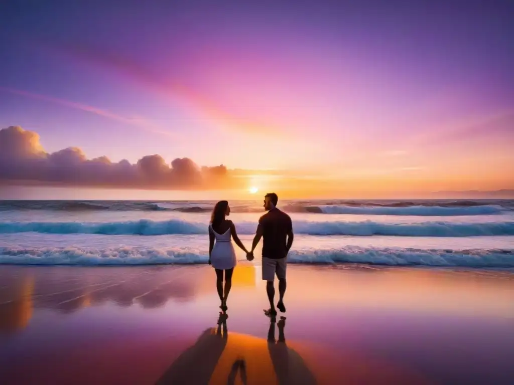 Pareja construyendo conexión profunda en playa de Uruguay al atardecer, uniendo sus manos mientras caminan junto al mar en tonos dorados y rosados