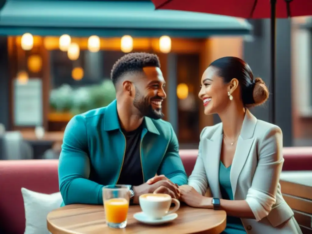 Una pareja disfrutando de una conversación profunda en un café acogedor en Uruguay, mostrando una comunicación efectiva y amorosa