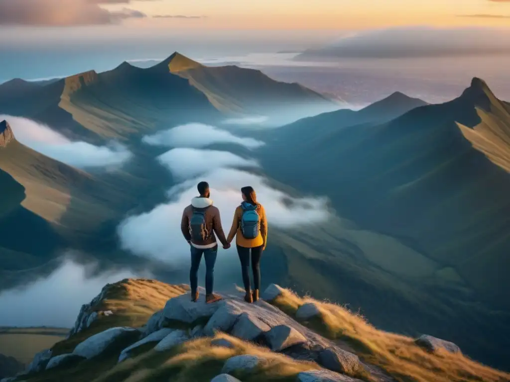 Una pareja diversa en la cima de una montaña, unidos de la mano frente al horizonte