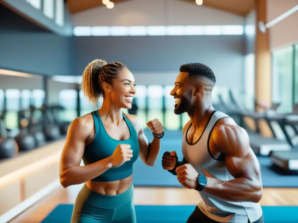 Una pareja diversa sonríe y se choca los cinco en un gimnasio moderno y vibrante