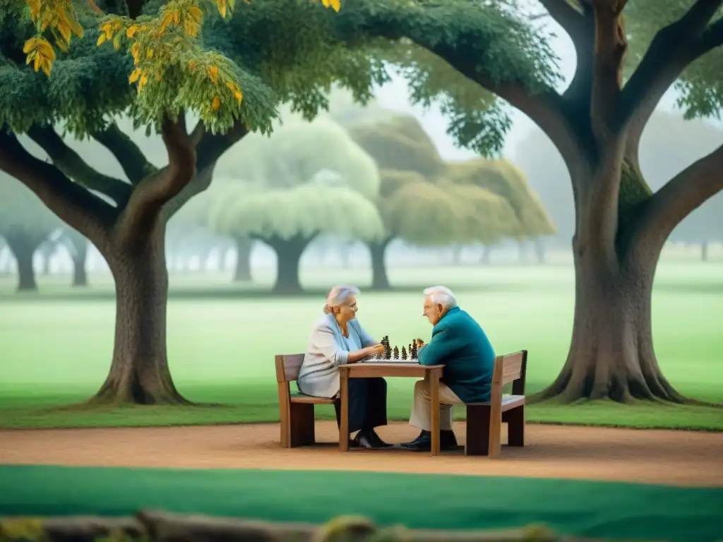 Una pareja uruguaya de edad disfruta juntos de actividades mentales para prevenir Alzheimer en Uruguay, bajo un árbol en un parque verde