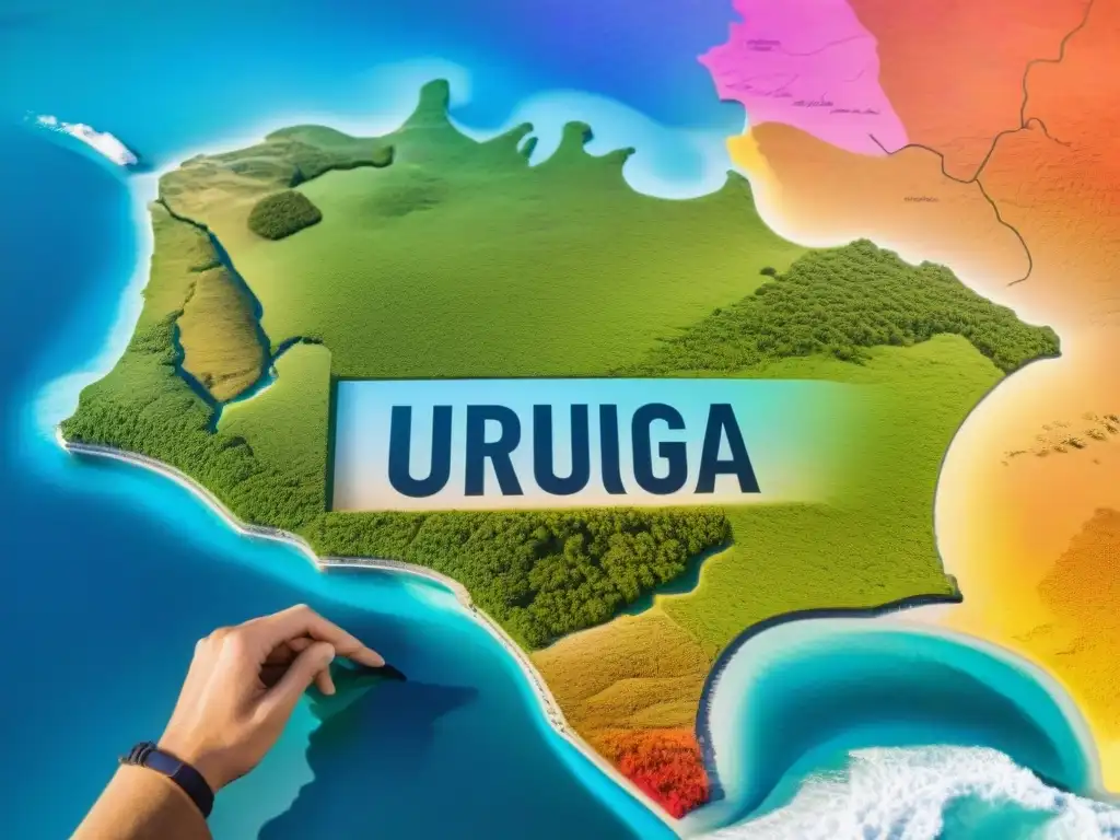 Una pareja frente a un colorido mapa de Uruguay, simbolizando la conexión a pesar de la distancia