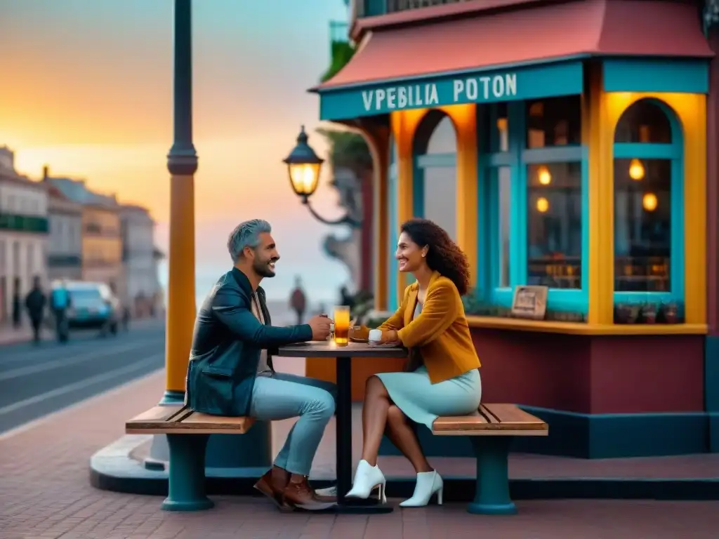 Pareja disfruta de una íntima conversación en un acogedor café de Montevideo, Uruguay, con la Rambla al fondo en una cálida puesta de sol