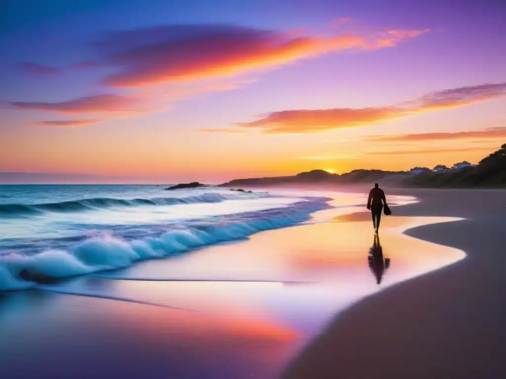 Una pareja pasea de la mano al atardecer en una playa de Uruguay