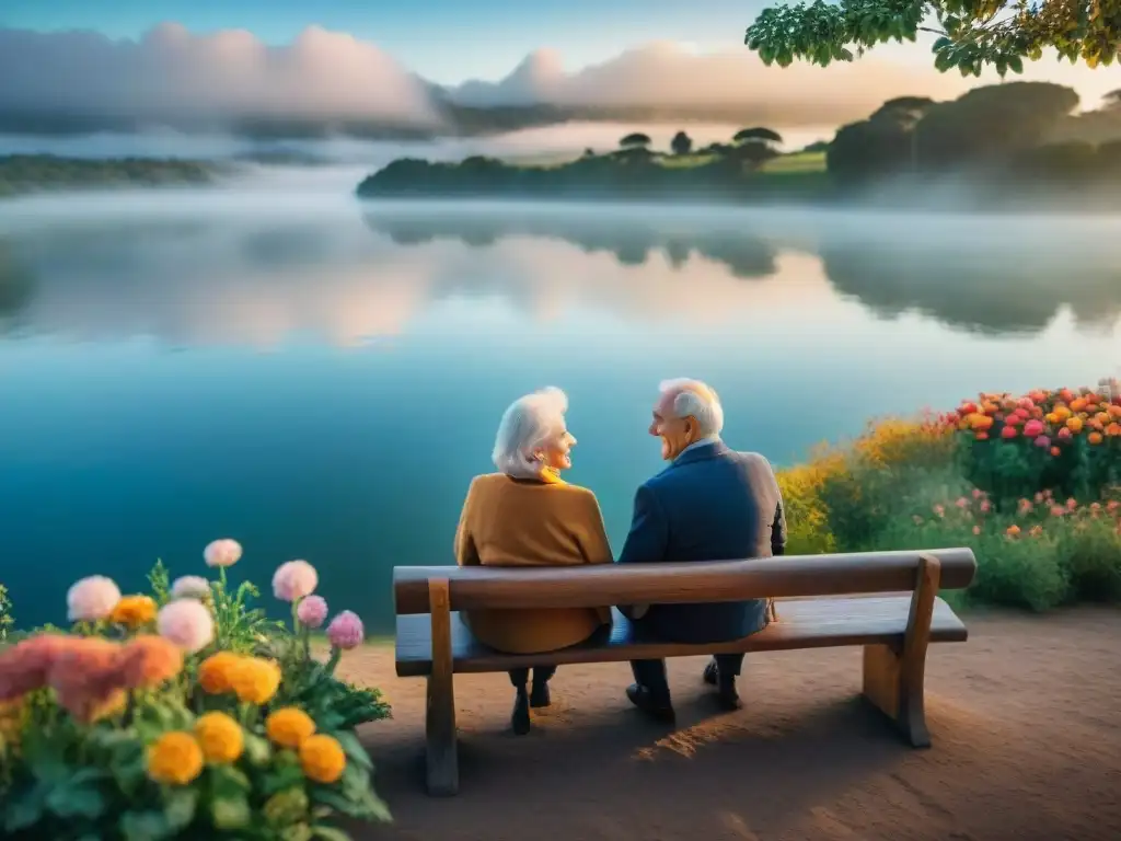 Pareja mayor disfrutando del atardecer en un lago en Uruguay, transmitiendo serenidad y amor