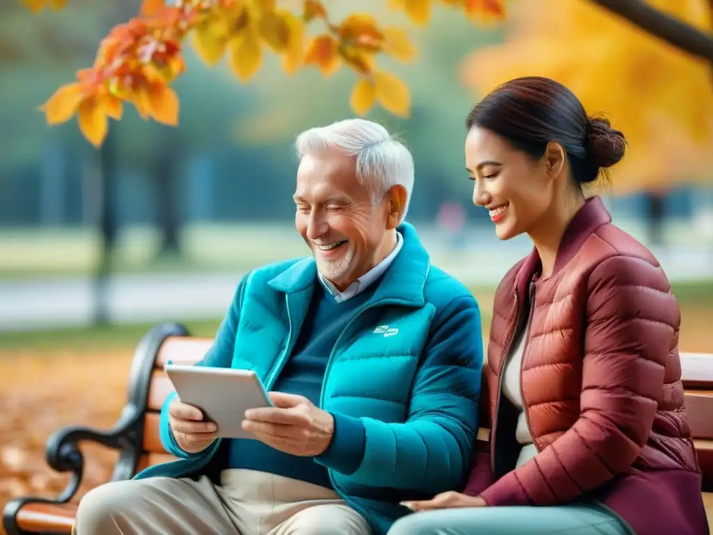 Una pareja mayor sonríe en un banco del parque, usando juntos una tablet para seguir su progreso de salud y fitness