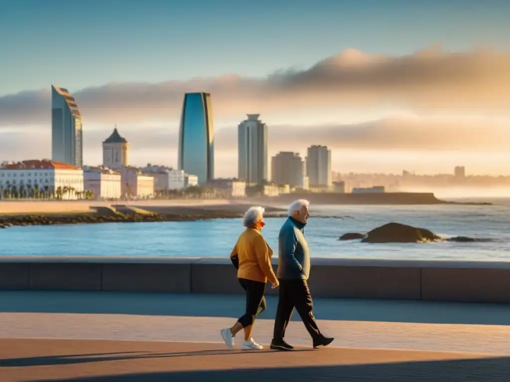 Una pareja mayor disfruta de una caminata matutina en la Rambla de Montevideo, reflejando la vida activa en la tercera edad en Uruguay