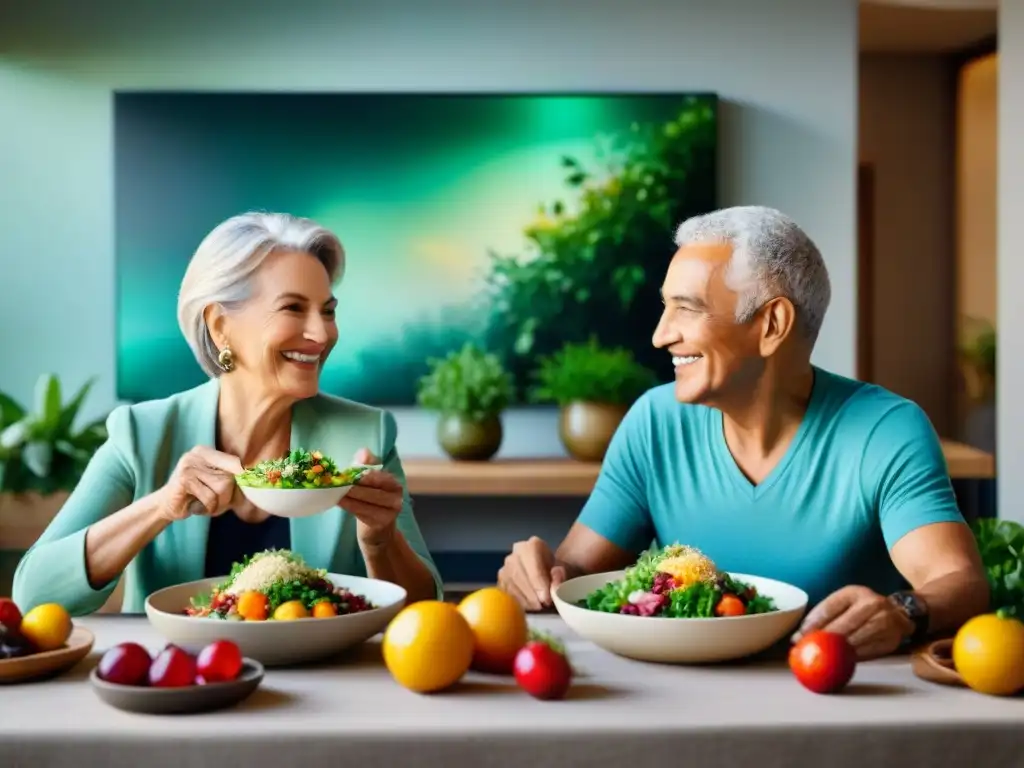 Una pareja mayor disfruta de una comida consciente en Uruguay, rodeados de alimentos coloridos y nutritivos en un ambiente cálido y acogedor