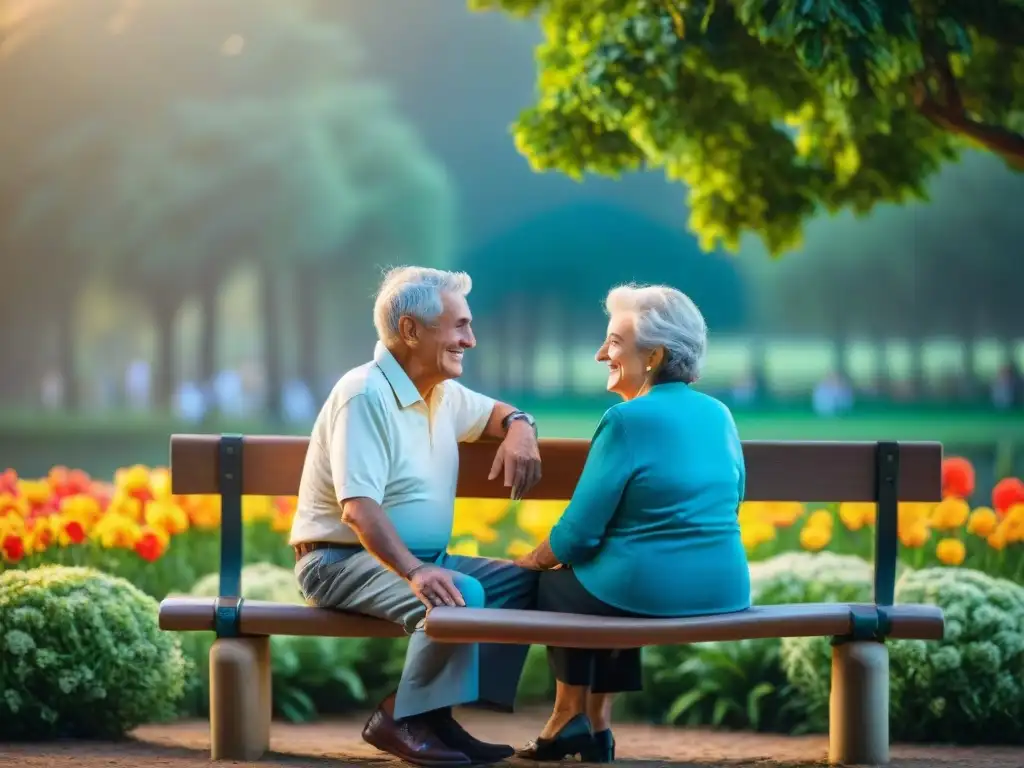 Una pareja mayor disfruta de un parque vibrante en Uruguay al atardecer, promoviendo el envejecimiento activo en Uruguay