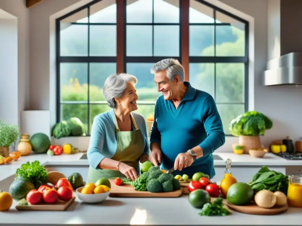 Una pareja mayor en Uruguay cocinando juntos en una cocina luminosa, llena de alimentos frescos