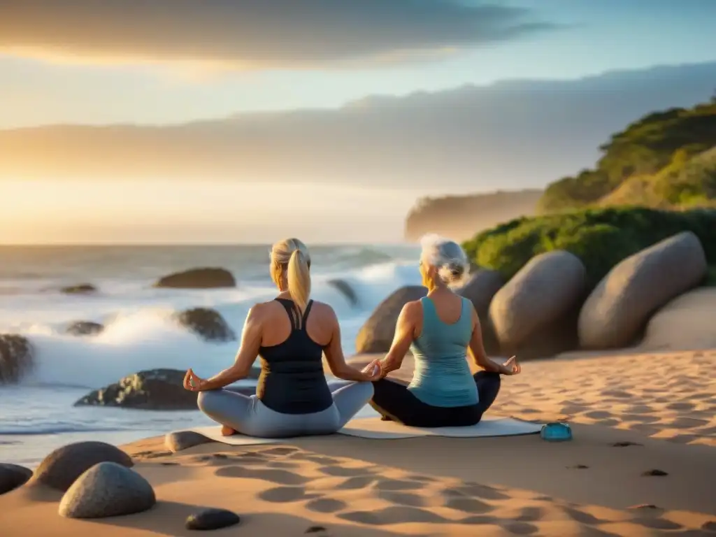 Pareja mayor practicando yoga en la playa de Uruguay al atardecer, transmitiendo paz y bienestar