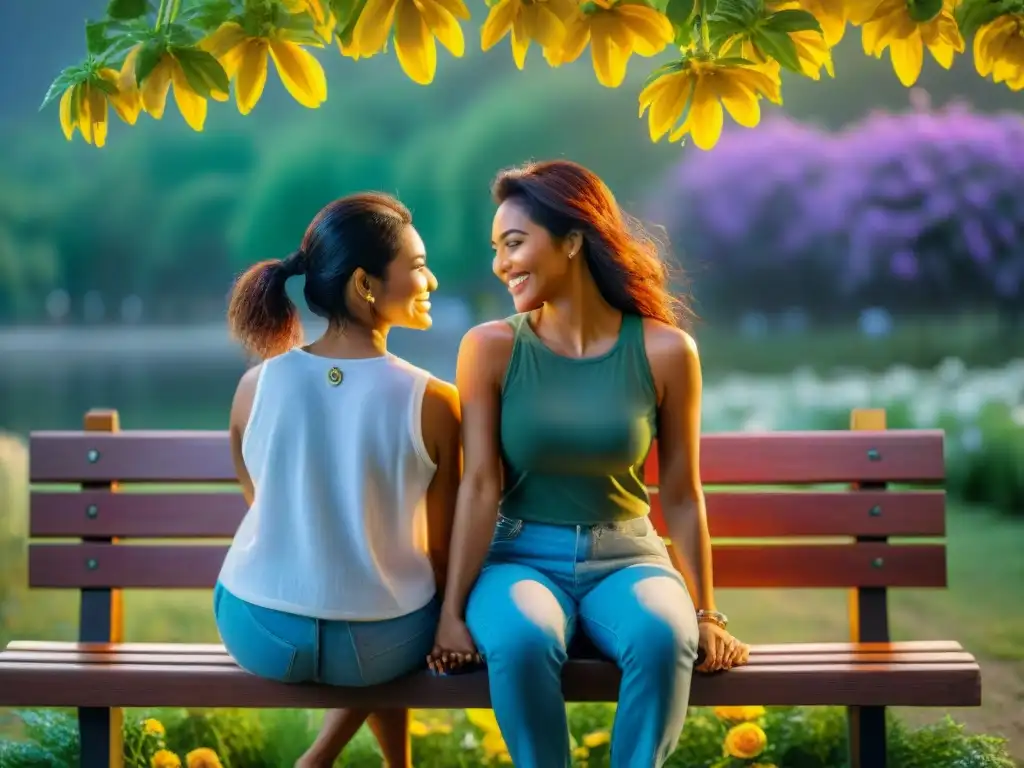 Una pareja disfrutando de la naturaleza juntos en un banco del parque al atardecer, transmitiendo amor y complicidad