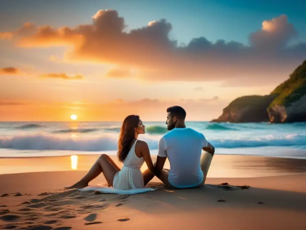 Una pareja practicando mindfulness en la playa al atardecer en Uruguay