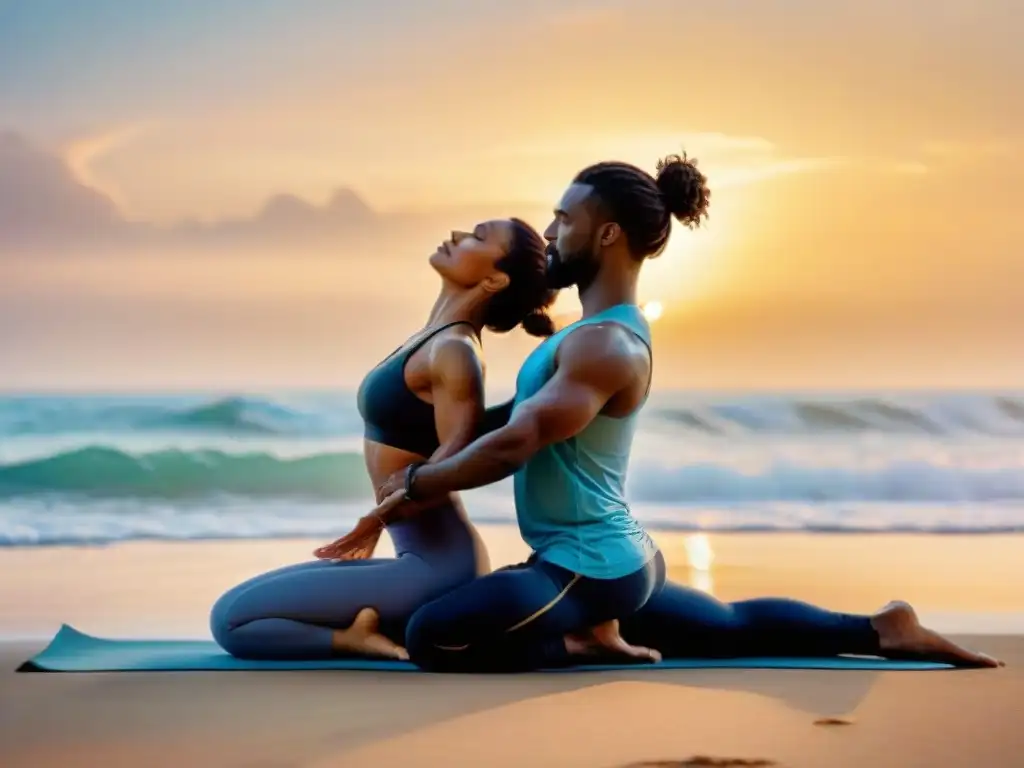 Una pareja practica yoga en la playa al amanecer, mostrando equilibrio y conexión