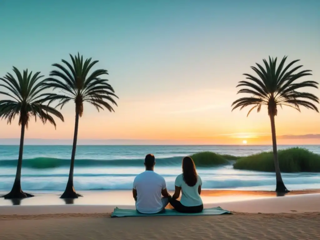 Una pareja practicando mindfulness en la playa de Punta del Este al atardecer, reflejando armonía y conexión en Uruguay