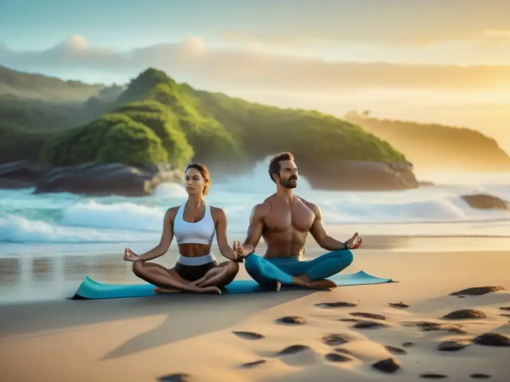 Una pareja en armonía practica yoga al amanecer en una playa de Uruguay, rodeados de naturaleza exuberante y el sonido del mar