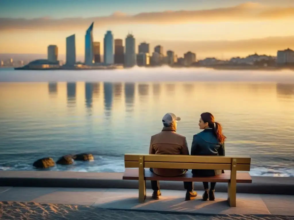 La pareja disfruta de una profunda conversación al atardecer en Montevideo, Uruguay, simbolizando la comunicación efectiva en pareja