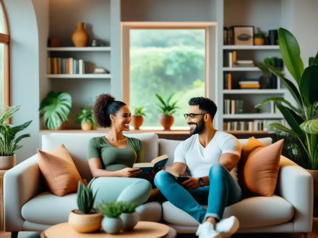 Una pareja disfruta de un profundo diálogo en un acogedor salón decorado, rodeados de plantas y libros de coaching personal para relaciones interpersonales