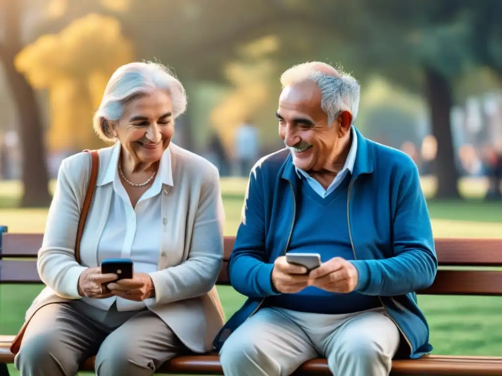 Una pareja uruguaya de ancianos sonríe viendo redes sociales en un parque multicultural