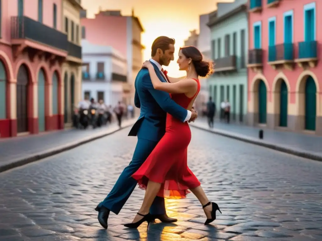 Una pareja baila apasionadamente tango en Montevideo al atardecer, reflejando conexión y emoción