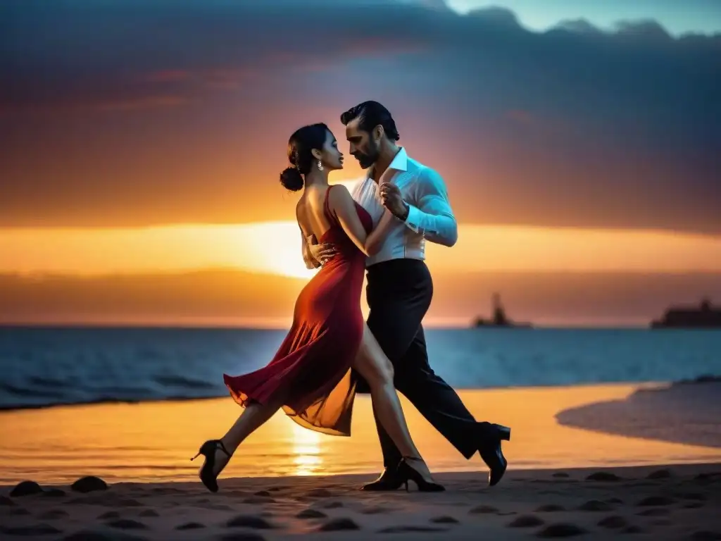 Pareja bailando tango al atardecer en el Río de la Plata, Montevideo