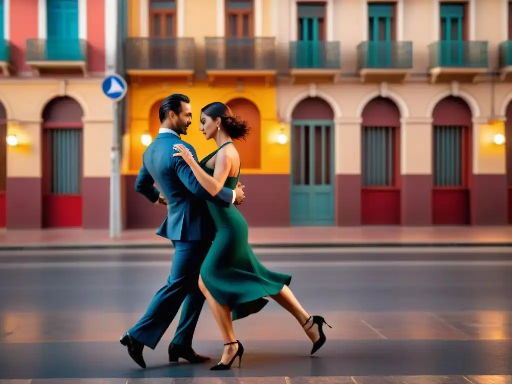 Una pareja bailando tango al atardecer en Montevideo, Uruguay