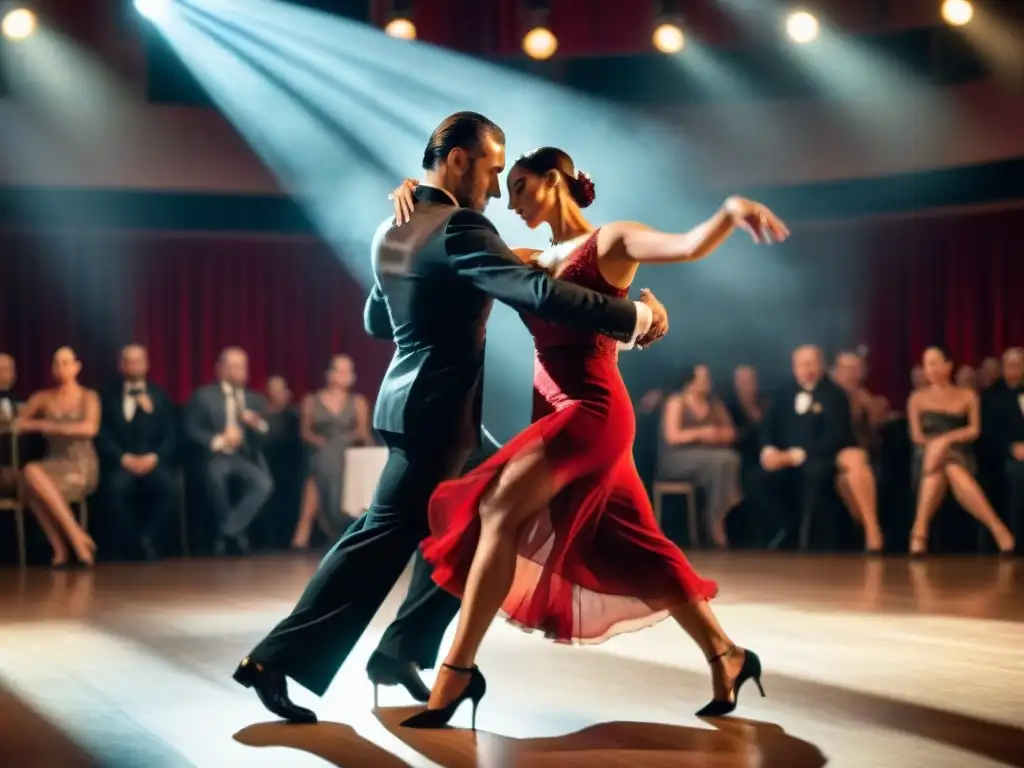 Una pareja bailando tango con pasión en un escenario iluminado, mostrando emociones intensas