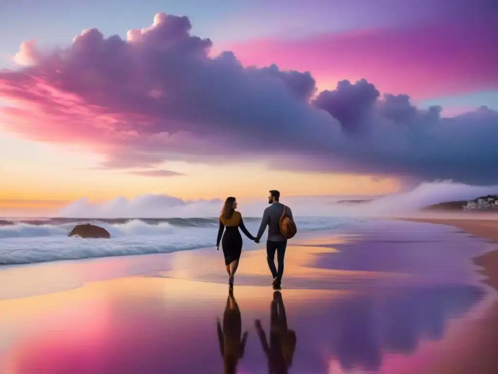 Una pareja camina tomada de la mano en la playa al atardecer en Punta del Este, Uruguay, reflejando la superación de conflictos de pareja