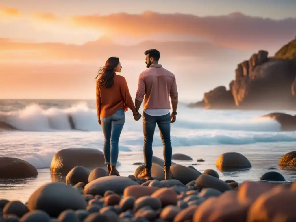 Pareja unida en la playa rocosa al atardecer, mostrando resiliencia en pareja para bienestar