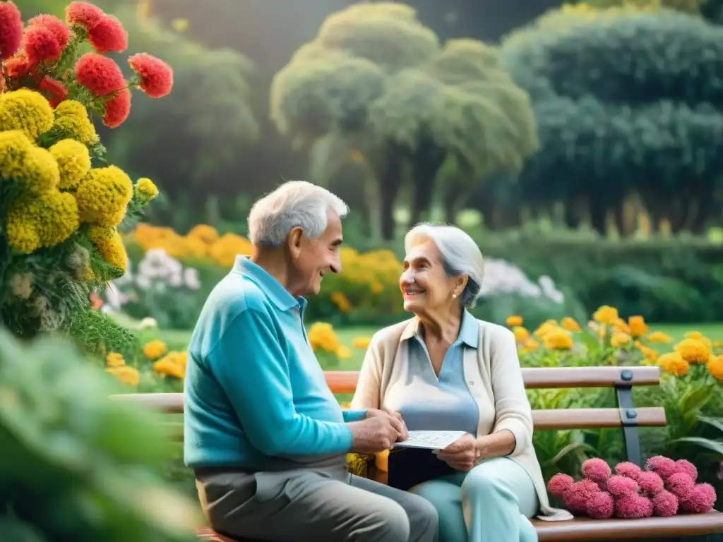 Una pareja uruguaya mayor resolviendo un crucigrama juntos en un parque, rodeados de flores y vegetación exuberante