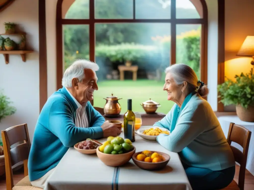 Una pareja uruguaya mayor disfruta de una comida en un ambiente cálido y acogedor