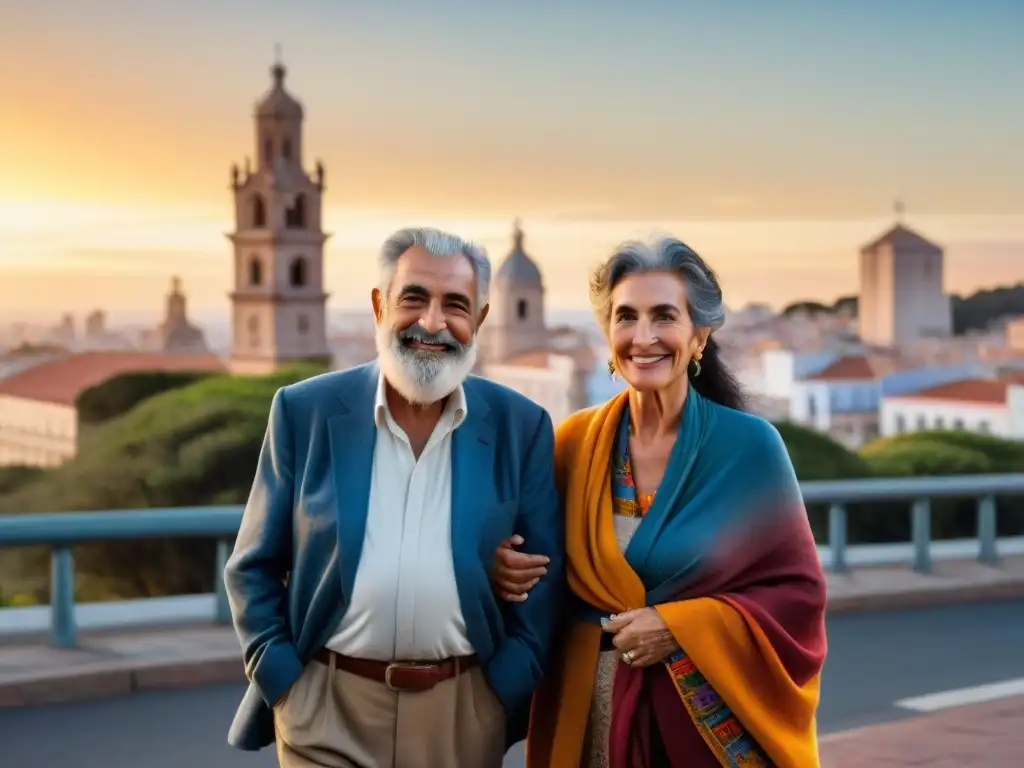 Una pareja uruguaya mayor, elegante, pasea de la mano al atardecer por la pintoresca Rambla de Montevideo