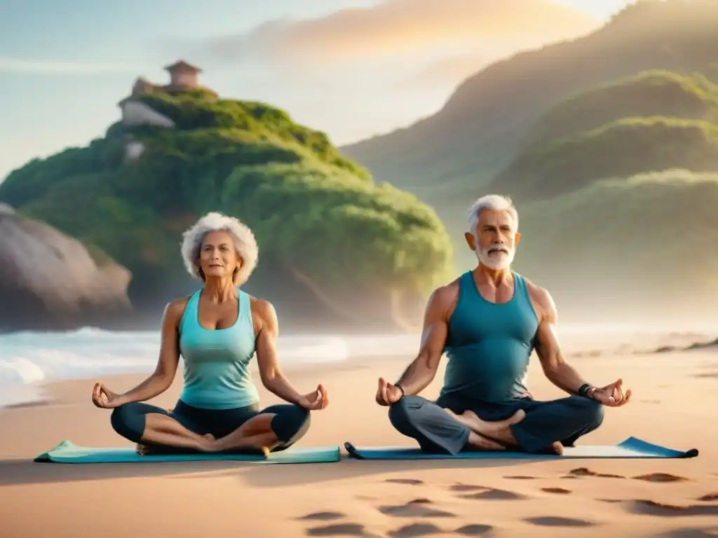 Una pareja uruguaya practicando yoga en la playa al amanecer, rodeados de naturaleza exuberante y mar