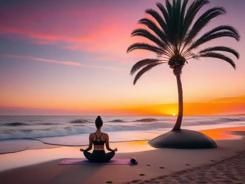 Pareja practicando yoga al atardecer en la costa de Uruguay, reflejando la paz y el bienestar