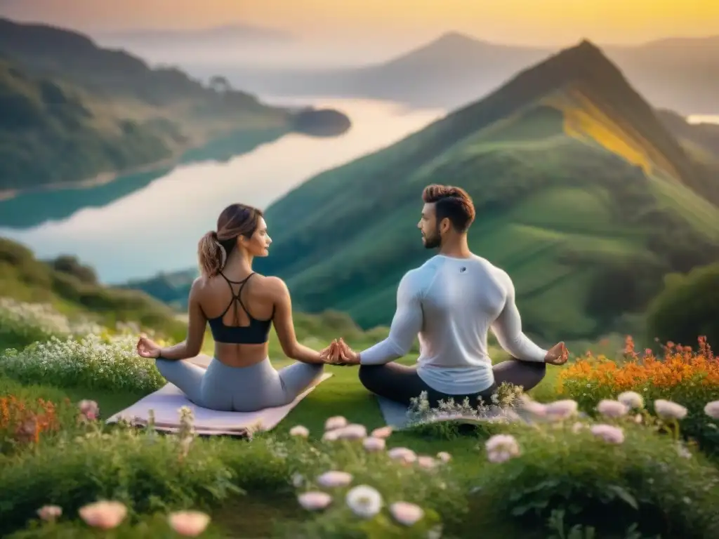 Una pareja practicando yoga en una colina verde al atardecer, rodeados de flores, un lago y mucha serenidad