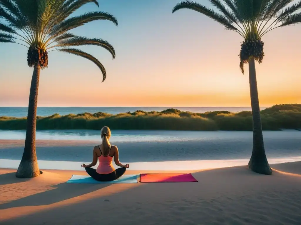 Una pareja practicando yoga en una playa serena de Uruguay al atardecer, rodeados de palmeras verdes y cielo azul