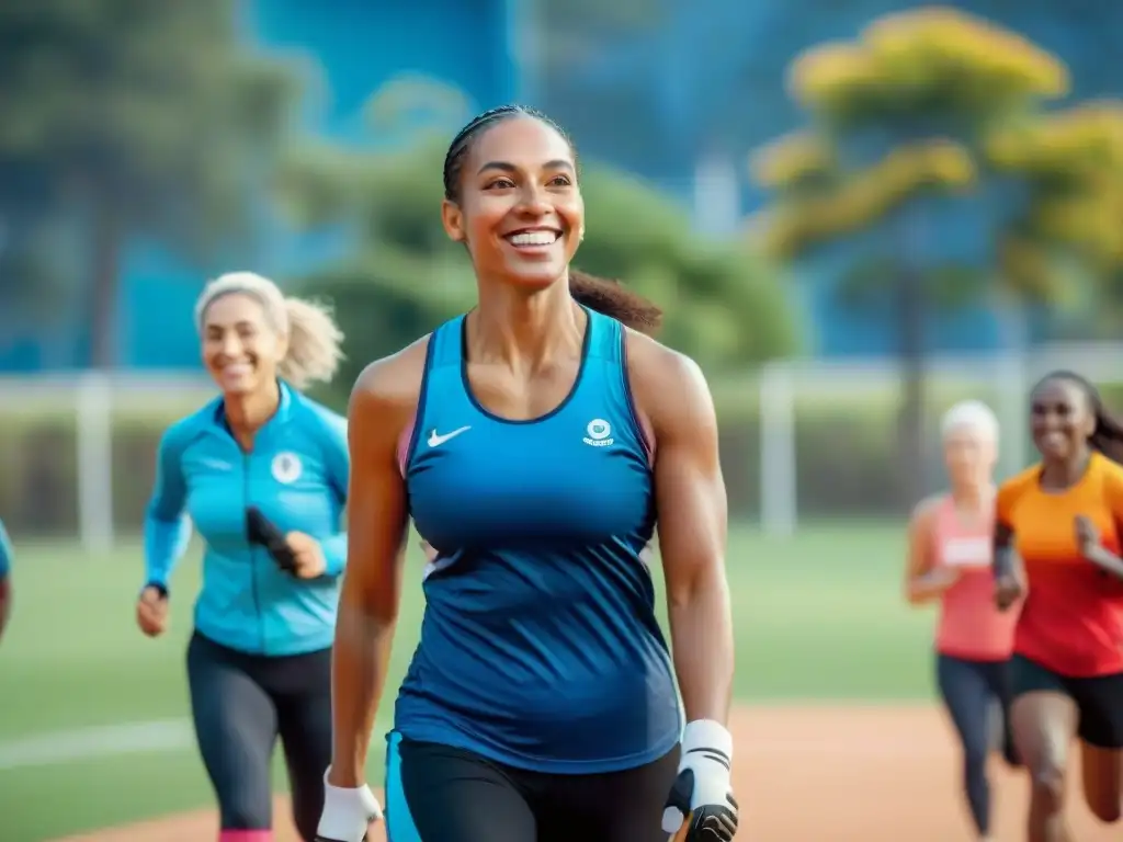 Un parque animado en Uruguay con personas de todas las edades y orígenes, disfrutando de actividades deportivas juntos