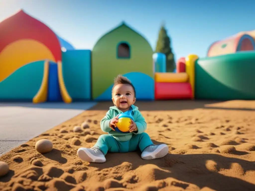 Un parque comunitario vibrante y moderno en Uruguay, niños de diversas etnias juegan juntos bajo el sol, rodeados de murales educativos