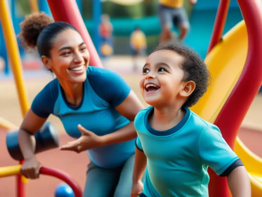 Un parque inclusivo donde niños de diversas etnias juegan con alegría, promoviendo la prevención de enfermedades crónicas en niños de Uruguay