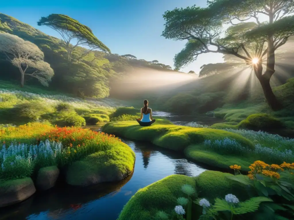 Un parque nacional en Uruguay: bosque verde, luz filtrada, arroyo sereno, persona practicando yoga entre la naturaleza y flores silvestres