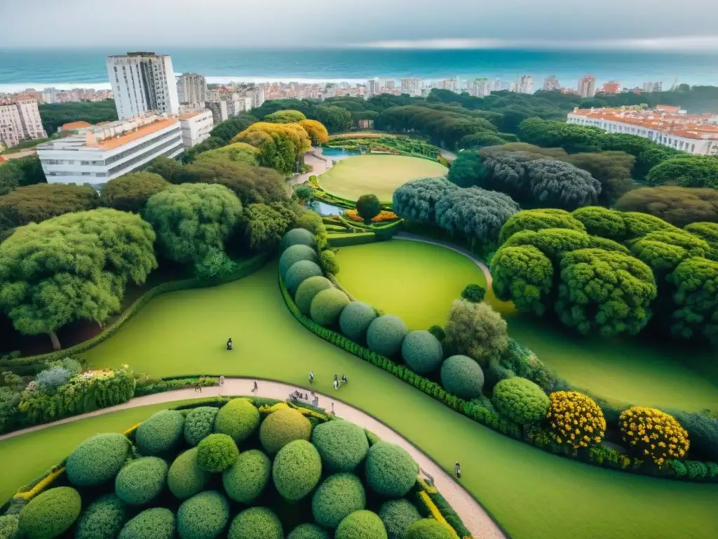 Un parque urbano en Uruguay con espacios verdes vibrantes, senderos serpenteantes y gente disfrutando actividades al aire libre bajo árboles altos