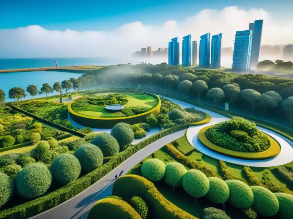 Un parque urbano futurista en Uruguay, con diseño sostenible, naturaleza exuberante y actividades recreativas