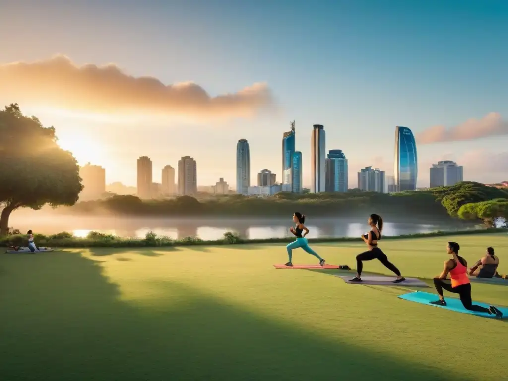 Un parque urbano en Uruguay donde la gente disfruta de actividades saludables al atardecer