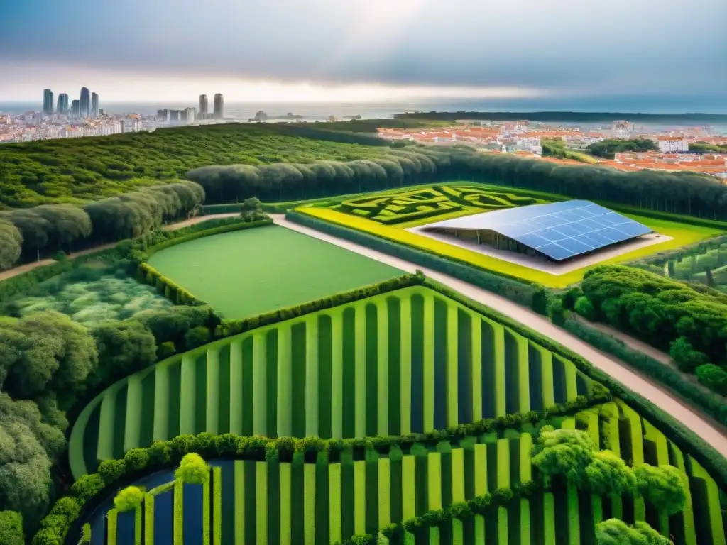 Un parque urbano sostenible en Uruguay, con áreas verdes, paneles solares y personas disfrutando actividades al aire libre