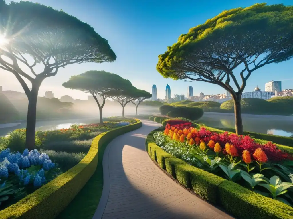 Parque urbano vibrante en Uruguay, con árboles nativos en flor, un estanque sereno y rascacielos al fondo