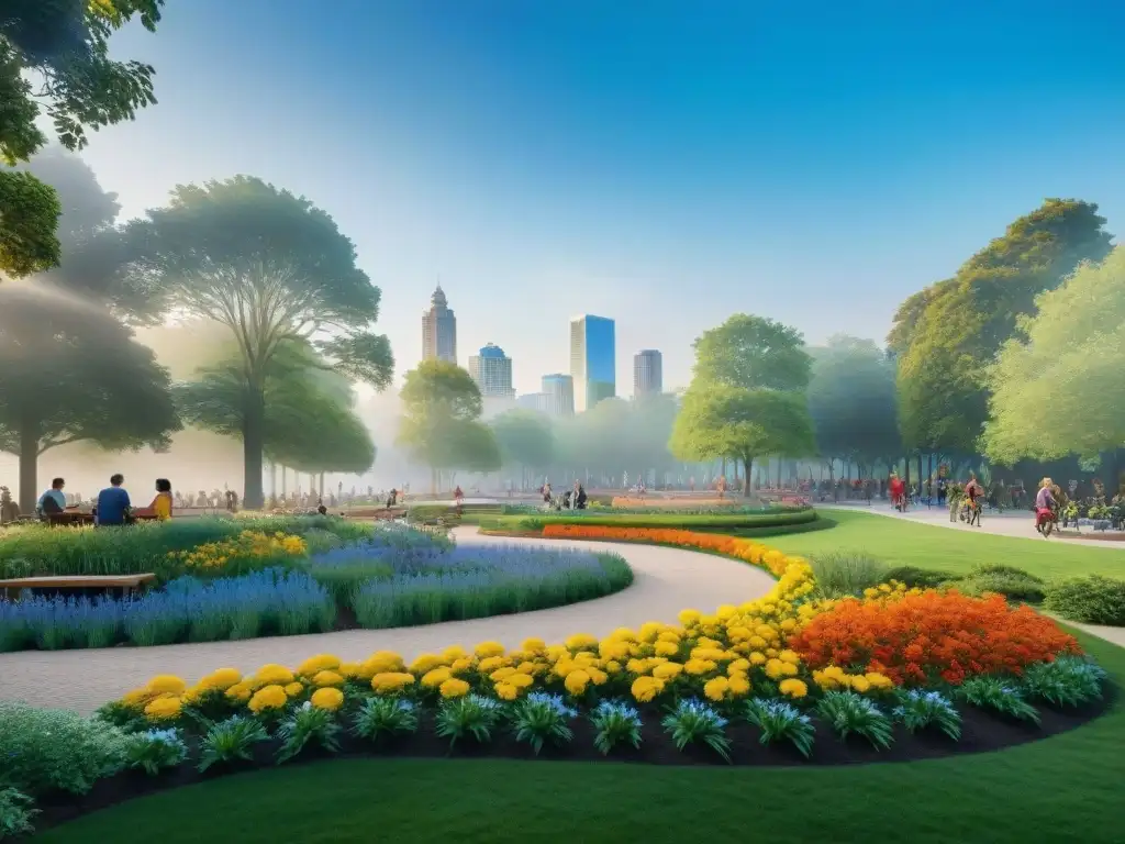 Un parque vibrante y bullicioso donde personas de todas las edades disfrutan de actividades recreativas bajo un cielo azul