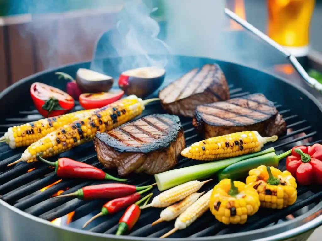 Una parrilla equilibrada y colorida con vegetales y carnes a la parrilla, creando una experiencia culinaria vibrante y nutritiva al aire libre