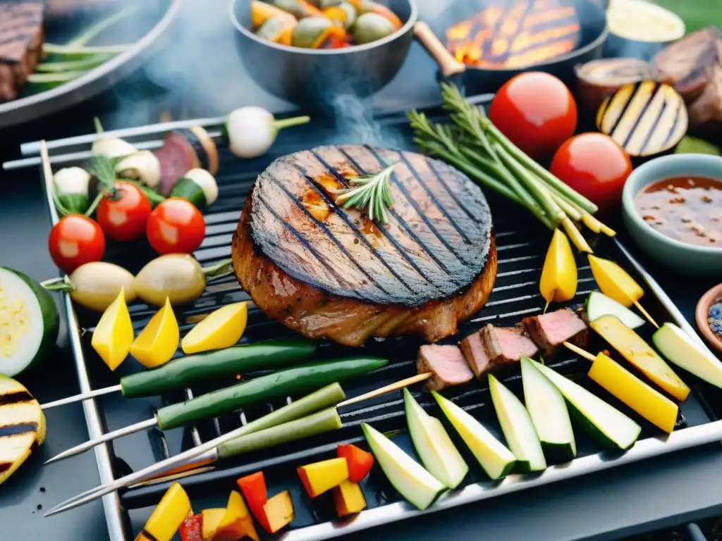 Una parrilla equilibrada con vegetales coloridos y carnes magras a la parrilla, en un ambiente de barbacoa al aire libre